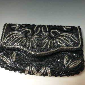 black silver floral  beaded evening bag